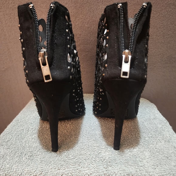 Macys Black High Heel Stappy Bootie with Zipper with Rhinestones - Picture 13 of 16